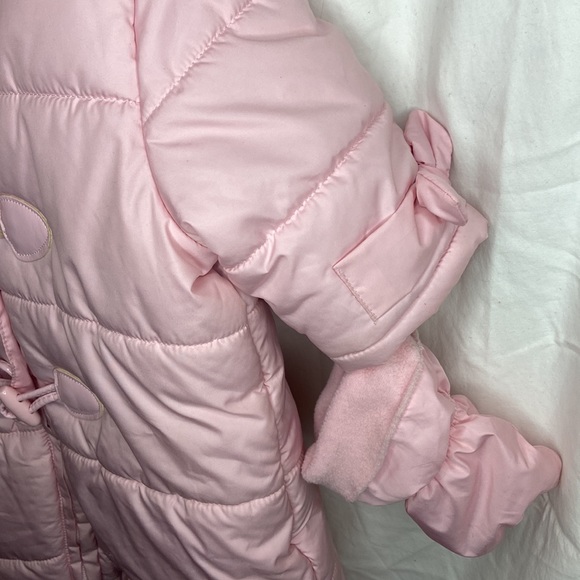 childrens Place Pink snow suit with ears bows and mitts 6-9 month - Picture 4 of 10
